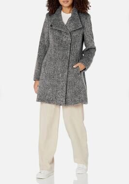 Kenneth Cole Asymmetrical Pressed Boucle Wool Coat Charcoal XL